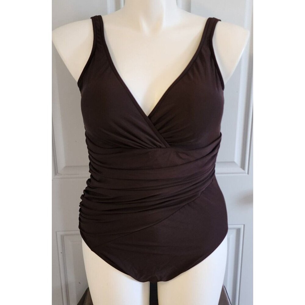 Trimshaper Womens V Neck One Piece Swimsuit Belly Ruching Slimming Brown Size 18